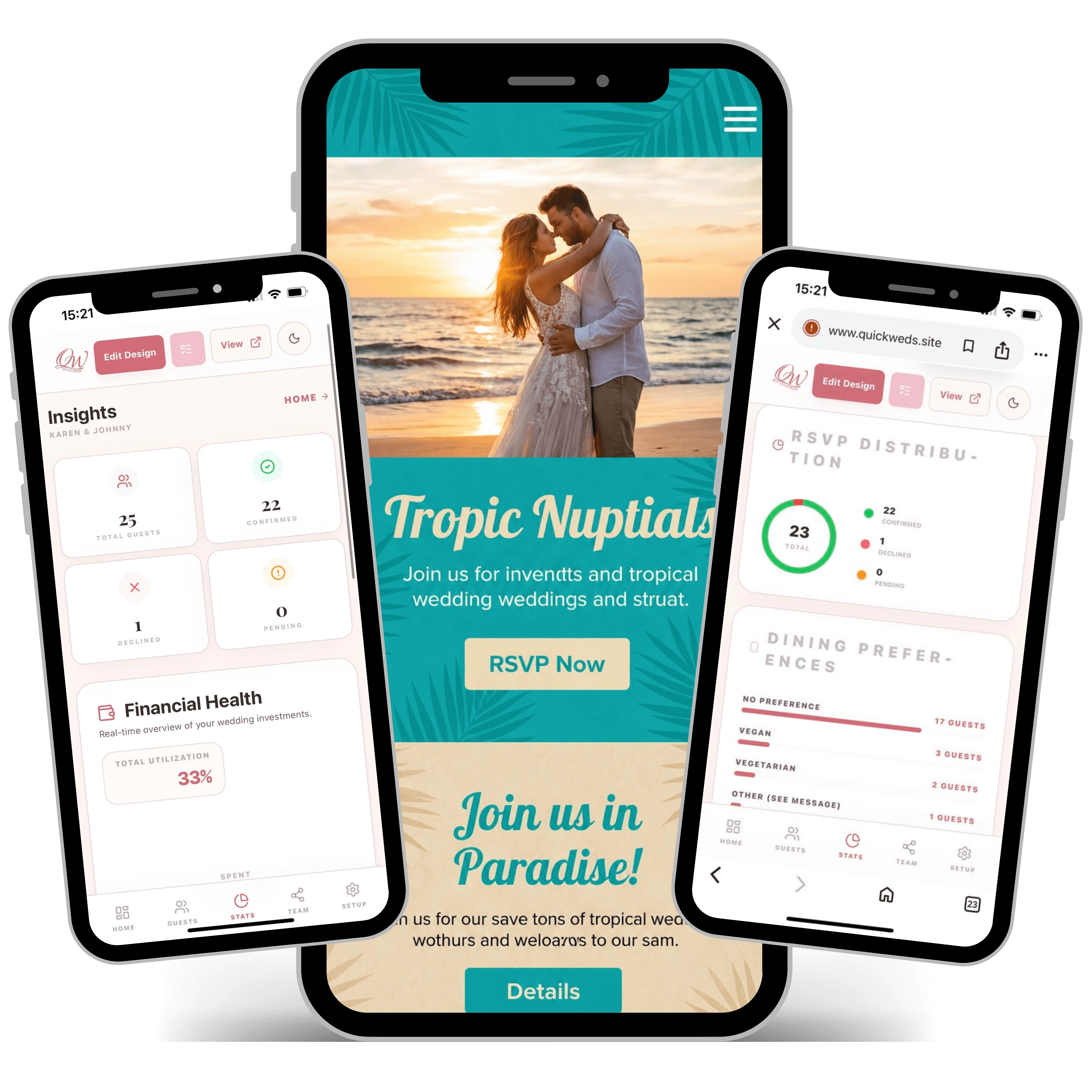 QuickWeds multi-device wedding website and planning dashboard mockup